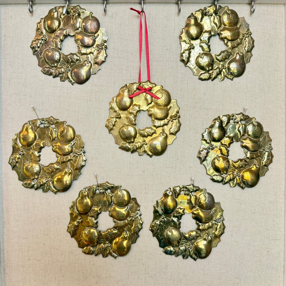 Vintage Department 56 Brass Wreath Ornaments Set of 7 Fruit Holly Christmas Gold